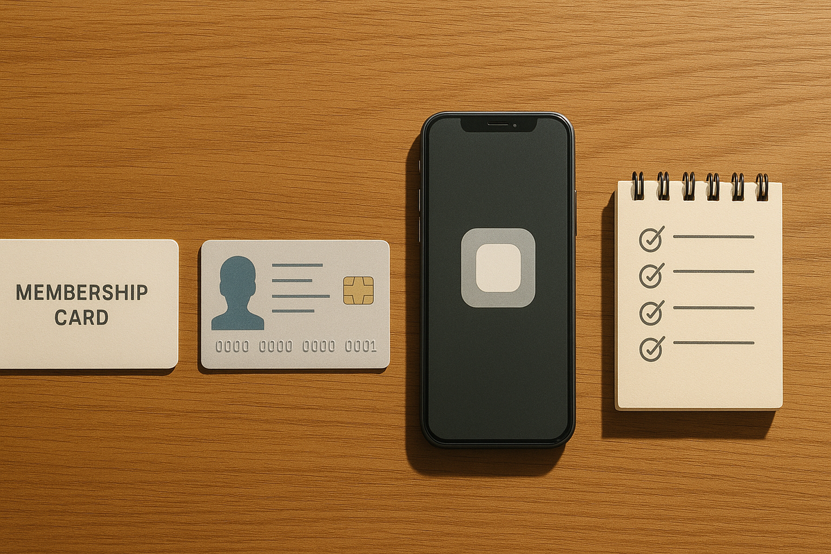Flat-lay on wooden desk: membership card, ID-style card, smartphone with neutral app icon, and a tidy checklist notepad—calm, minimal preparation scene showing everything you must ready before a Switch2 store rush, organized and confident mood  