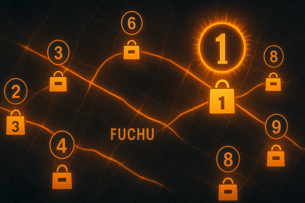 Neon-style map around Fuchu at night—numbered circles and shopping bag icons glowing along train lines, huge “1” badge blazing at the top store—dramatic ranking of Switch2 hotspots, gamified city-hunt feeling and urgent excitement  