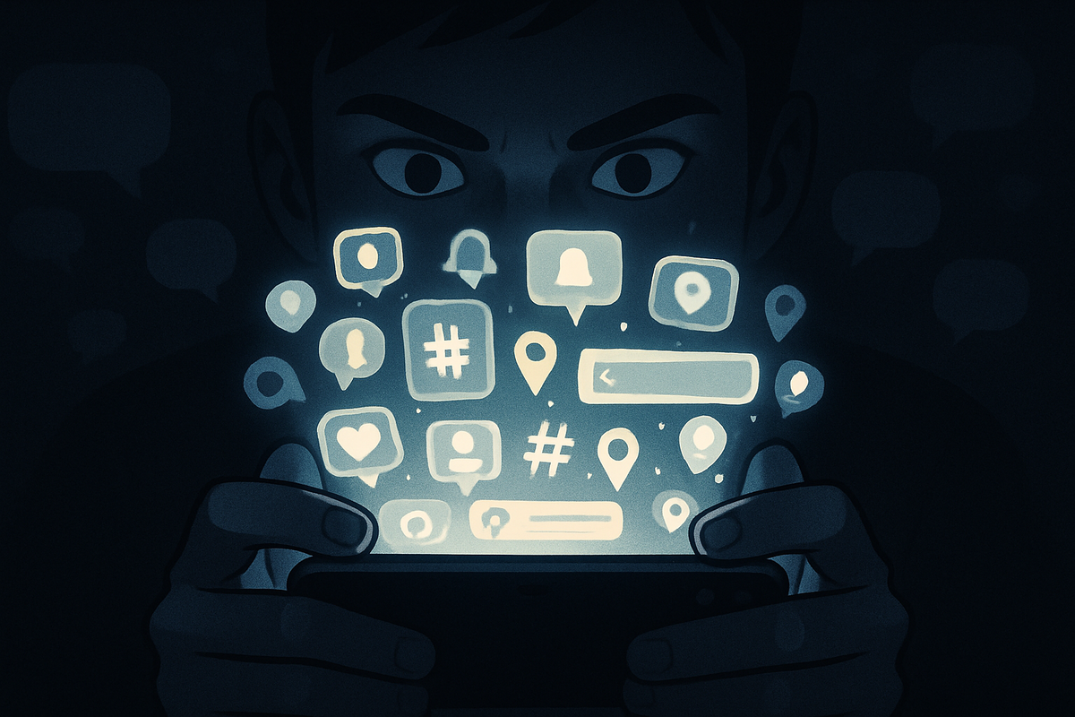 Close-up of a determined face lit only by a smartphone, dozens of floating icons for hashtags, alerts, locations, and followers spilling out of the screen—restless midnight scrolling through X and SNS to catch secret Switch2 drops, obsessive FOMO energy  