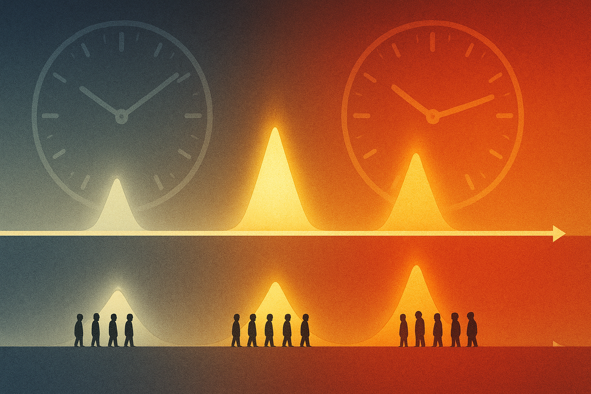 Abstract timeline with big faint clocks and glowing peaks at morning, noon, and evening—small silhouettes of people walking under each wave, cool blue shifting into hot orange—data-driven view of best time windows to line up for Switch2, calm analysis mixed with hopeful anticipation  
