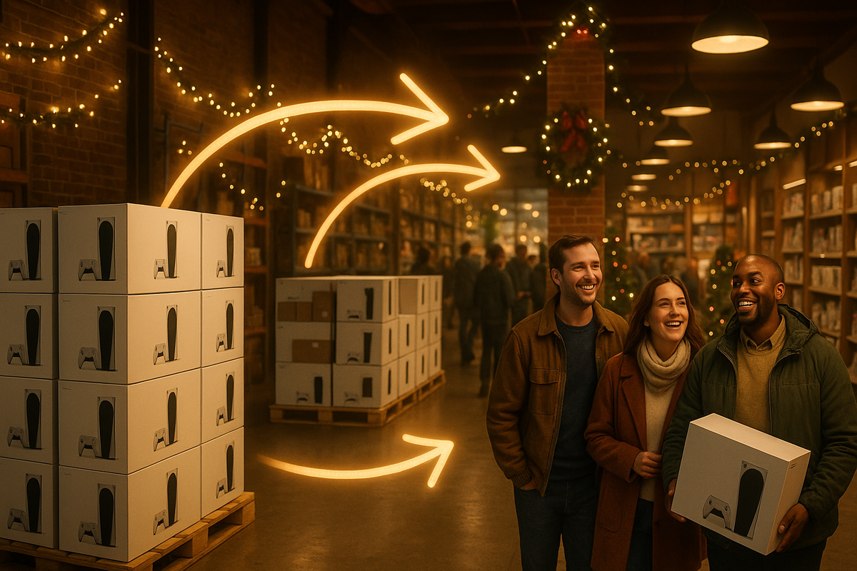 Warm holiday warehouse scene—stacks of anonymous game console boxes on pallets, glowing arrows showing smooth restock flow, three smiling friends walking away with a guaranteed console gift, cozy Christmas lights, relief and hopeful abundance