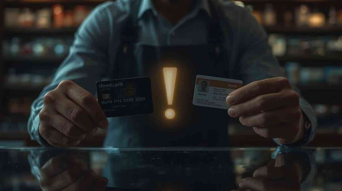Dramatic checkout moment—store clerk’s hands holding a dark credit card and an ID with a glowing exclamation mark between them, moody background shelves, tension around purchase conditions, security checks, and anti-resale rules