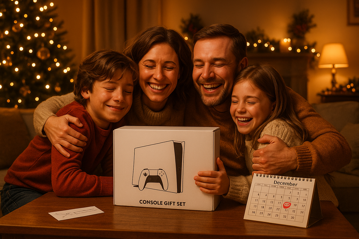 Overjoyed family hugging a console gift set box in a cozy living room—December calendar with a circled date on the table, Christmas tree lights twinkling, pure holiday happiness, relief, and heartwarming “we made it in time” emotion