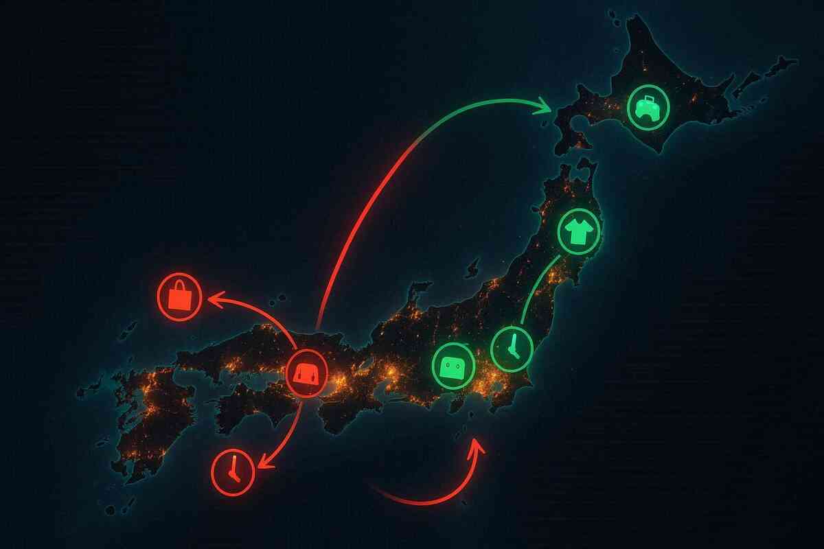Night map of Japan glowing with city lights—red and green arrows and shopping icons moving across the islands, visualizing regional restock flows, hidden hotspot cities, and the strategic nationwide hunt for game consoles