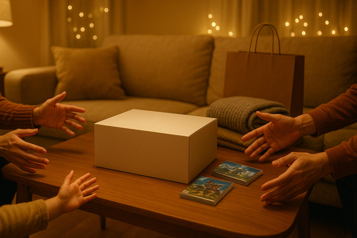 Warm living room at night with a mysterious gift box on the coffee table, family hands and game cases reaching in from all sides—soft fairy lights, cozy blanket, quiet heartbeat moment before unwrapping the long-awaited console