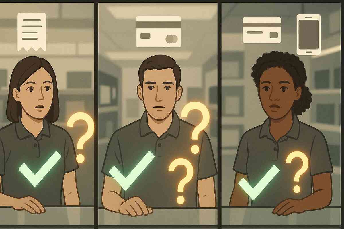 Three store clerks in a split-screen illustration with receipt, card, and smartphone icons floating above them—big checkmarks and glowing question marks showing different purchase rules, friendly but anxious “do I qualify?” comparison mood