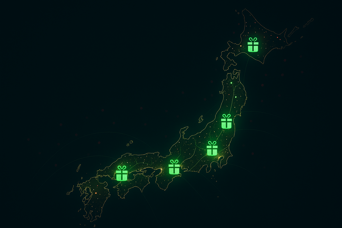 Minimal Japan map glowing at night with bright green present icons scattered from Hokkaido to Kyushu—hopeful lines connecting cities, visualizing where limited console Christmas sets are still available, nationwide treasure-hunt feeling