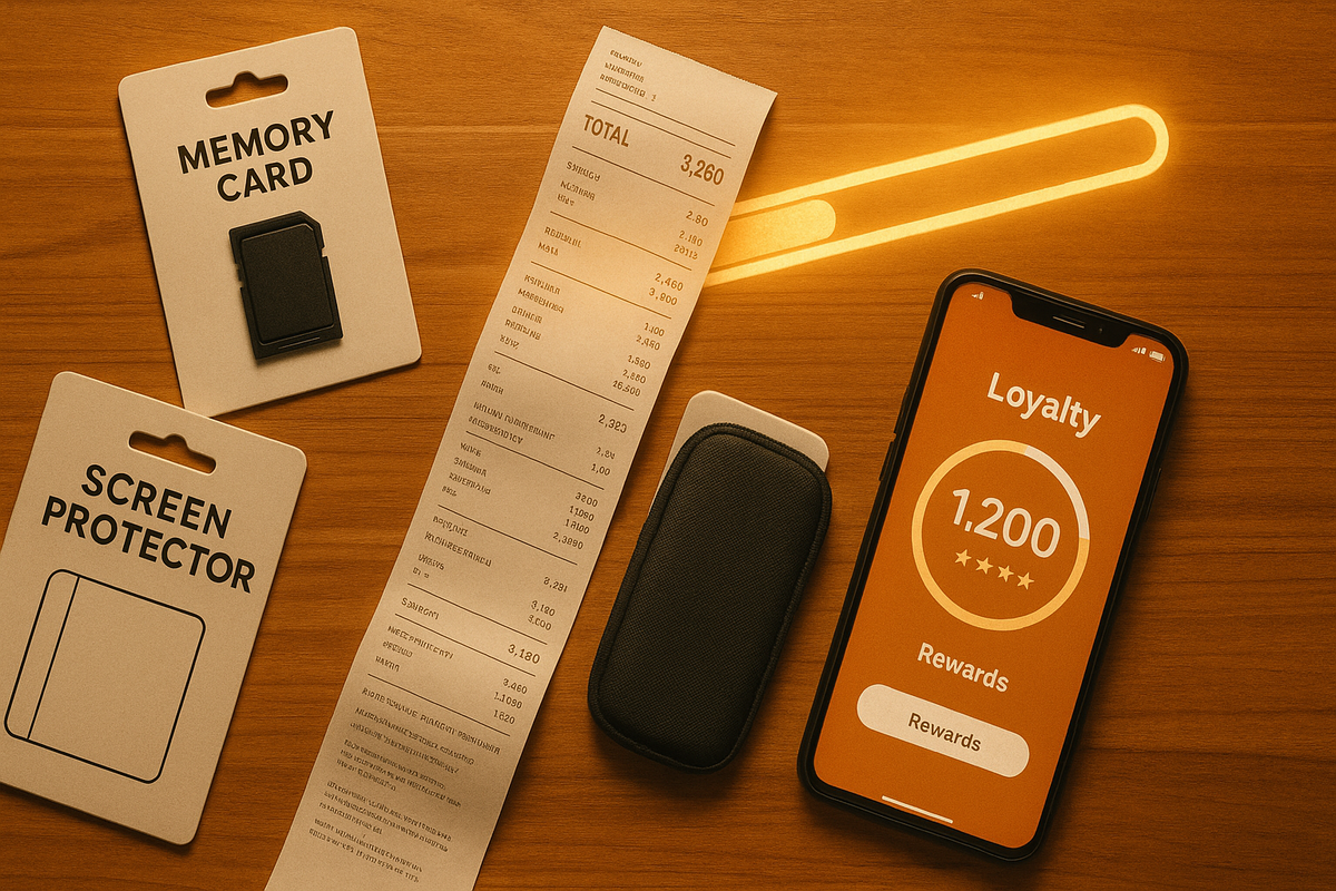 Flat-lay of console accessories on a wooden table—memory card, screen protector, case, and a long receipt hitting the 3,000-yen mark beside a loyalty-points app glowing on a smartphone—satisfying “condition cleared,” smart gamer budgeting energy