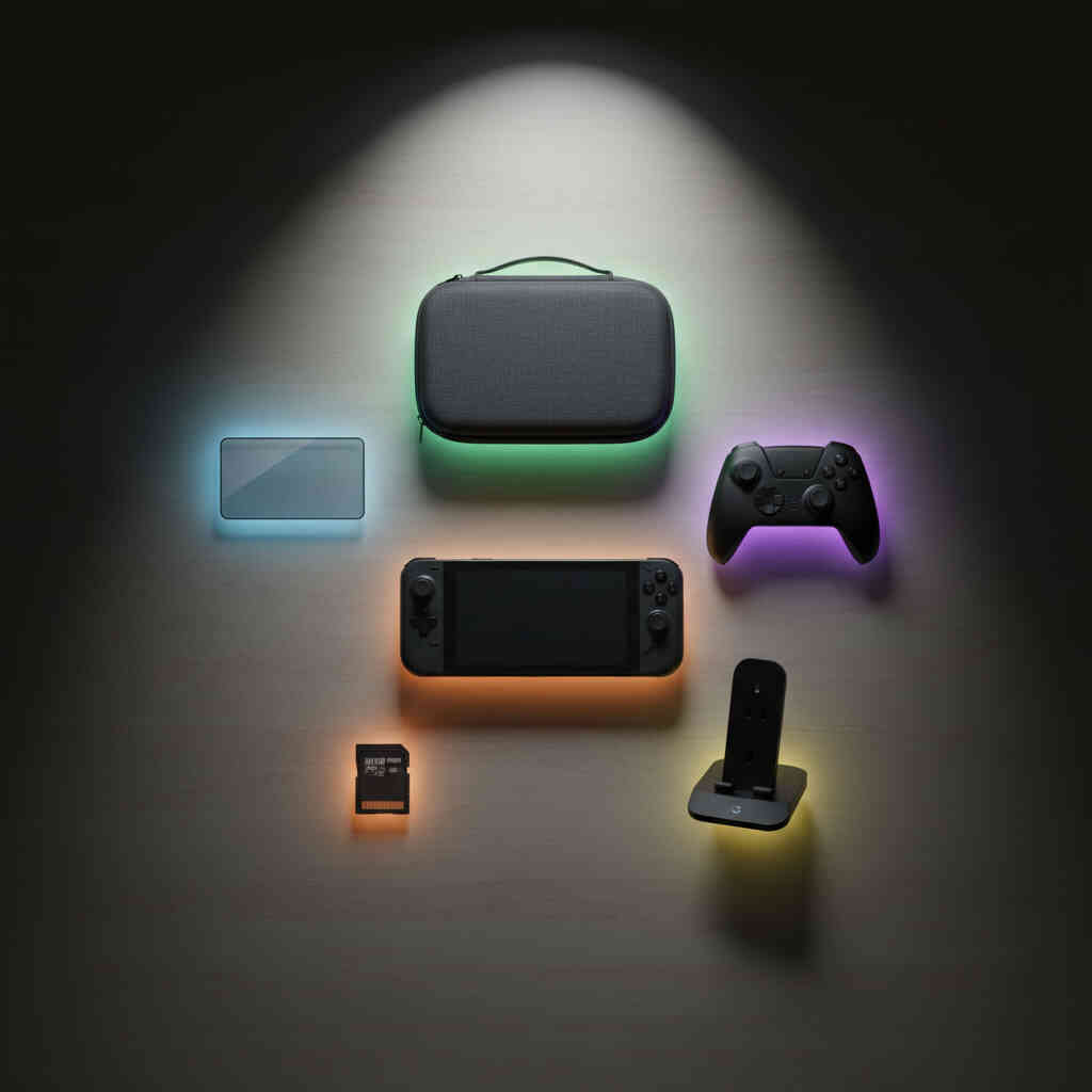 Dramatic spotlight over a perfectly arranged next-gen handheld console kit—case, screen protector, controller, charging stand, and memory card each glowing with soft neon halos—complete dream setup, stylish upgrade and premium accessory joy