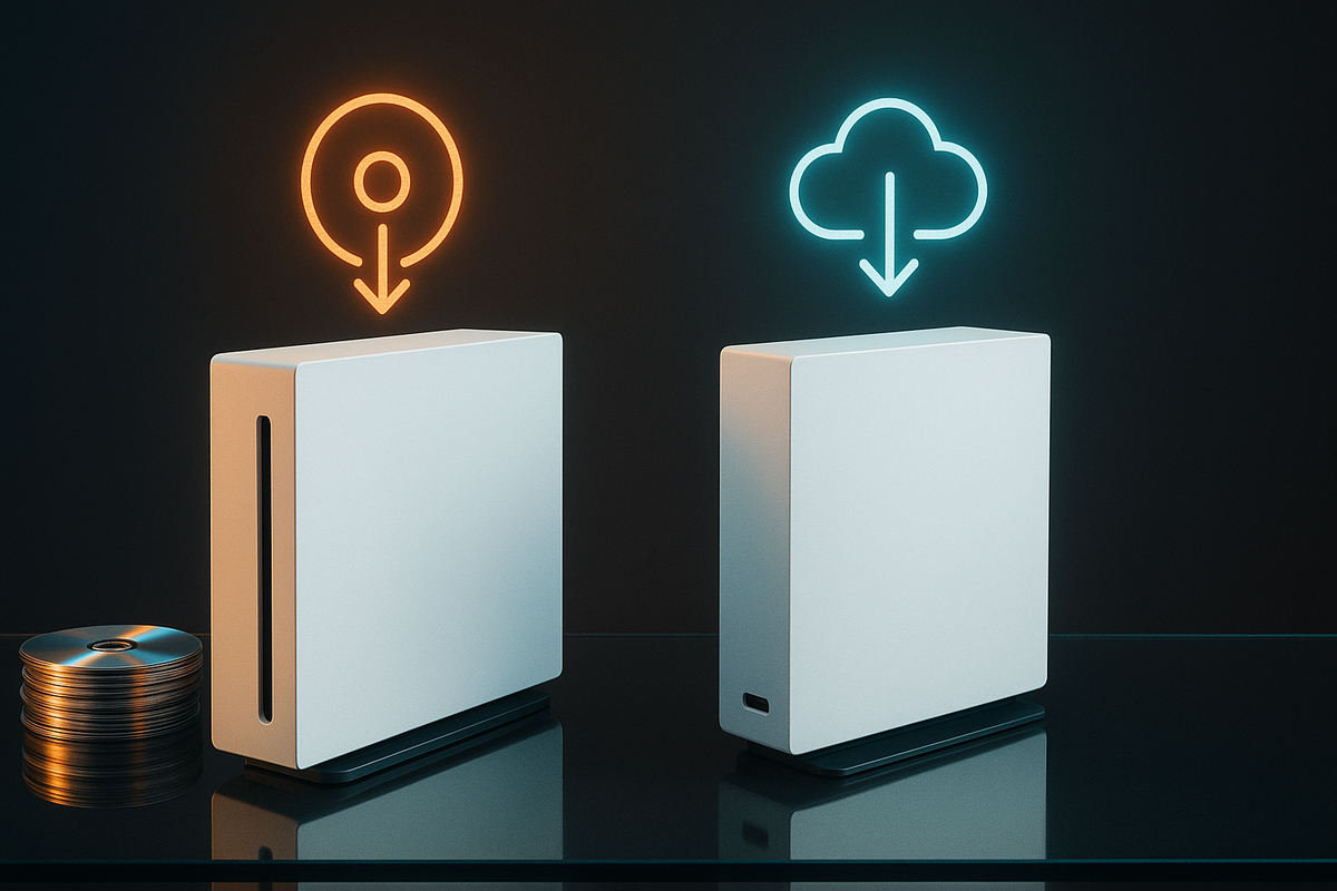 Side-by-side next-gen consoles on a glass shelf—left box with disc slot and stack of shiny discs, right box clean and port-only, glowing orange “disc” and cyan “cloud download” icons above them—clear visual of physical vs digital choice, futuristic and decisive energy