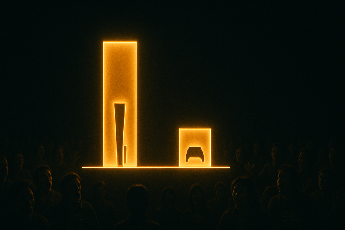 Dark theater full of gamers staring at two huge glowing golden bars—towering console icon for standard model and tiny controller icon for digital share—dramatic popularity gap chart, shocking “86 vs 14” feeling in one bold frame