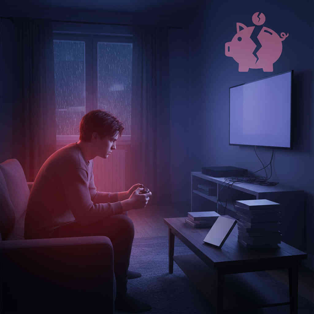 Rainy night gaming room—lonely player hunched on the sofa in blue light, digital-only console on the TV stand, tall stack of unused physical game boxes on the table, broken piggy-bank icon glowing above—moody regret about hidden extra costs