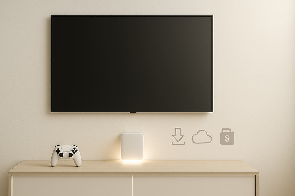 Ultra-minimal beige living room—silent TV, tiny glowing digital console on the cabinet, simple icons for download, cloud, and savings floating beside it—serene, clutter-free digital-only lifestyle with smart budget vibes