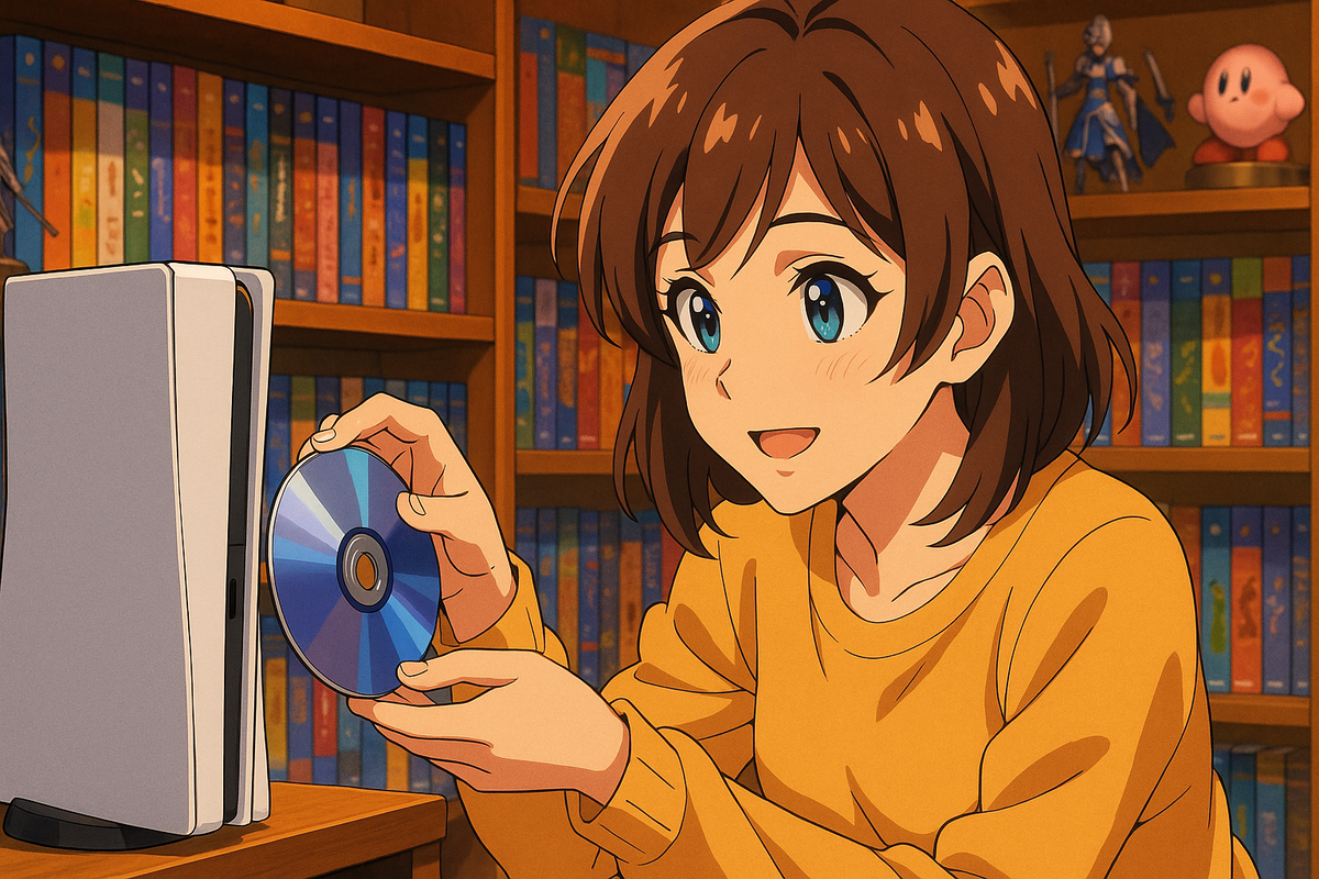 Colorful anime-style game room—smiling girl lovingly inserting a disc into a sleek white console, bookshelf packed with vibrant game boxes and figures behind her—joyful physical collection energy, disc-based gaming nostalgia