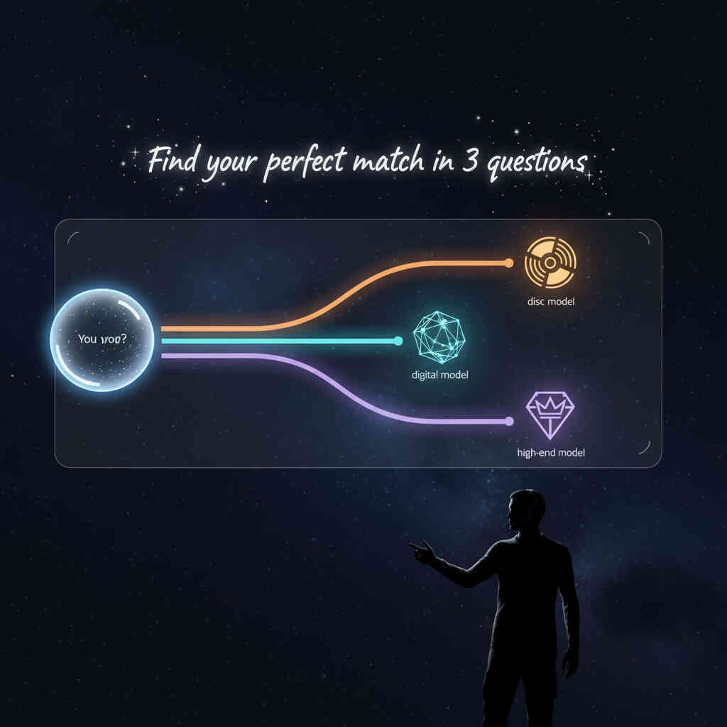 Starry cosmic background with neon decision flowchart—bright “You” orb branching into three glowing paths toward disc model, digital model, and high-end model icons, silhouetted figure pointing up—magical personality quiz vibe, find-your-perfect-console journey