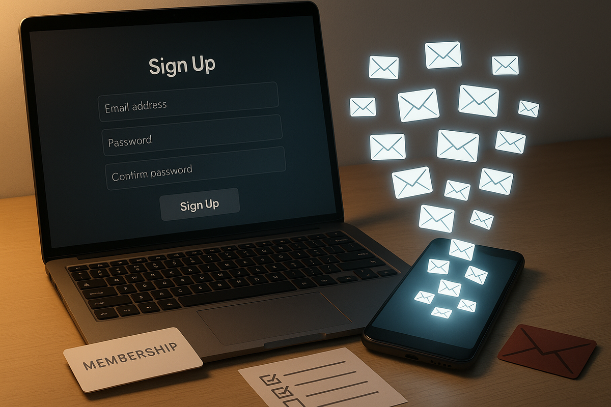 Laptop signup form for email membership beside a smartphone overflowing with bright envelope icons—membership card and checklist on the desk, warm desk lamp glow, tense but hopeful feeling of fixing mail settings before a crucial lottery