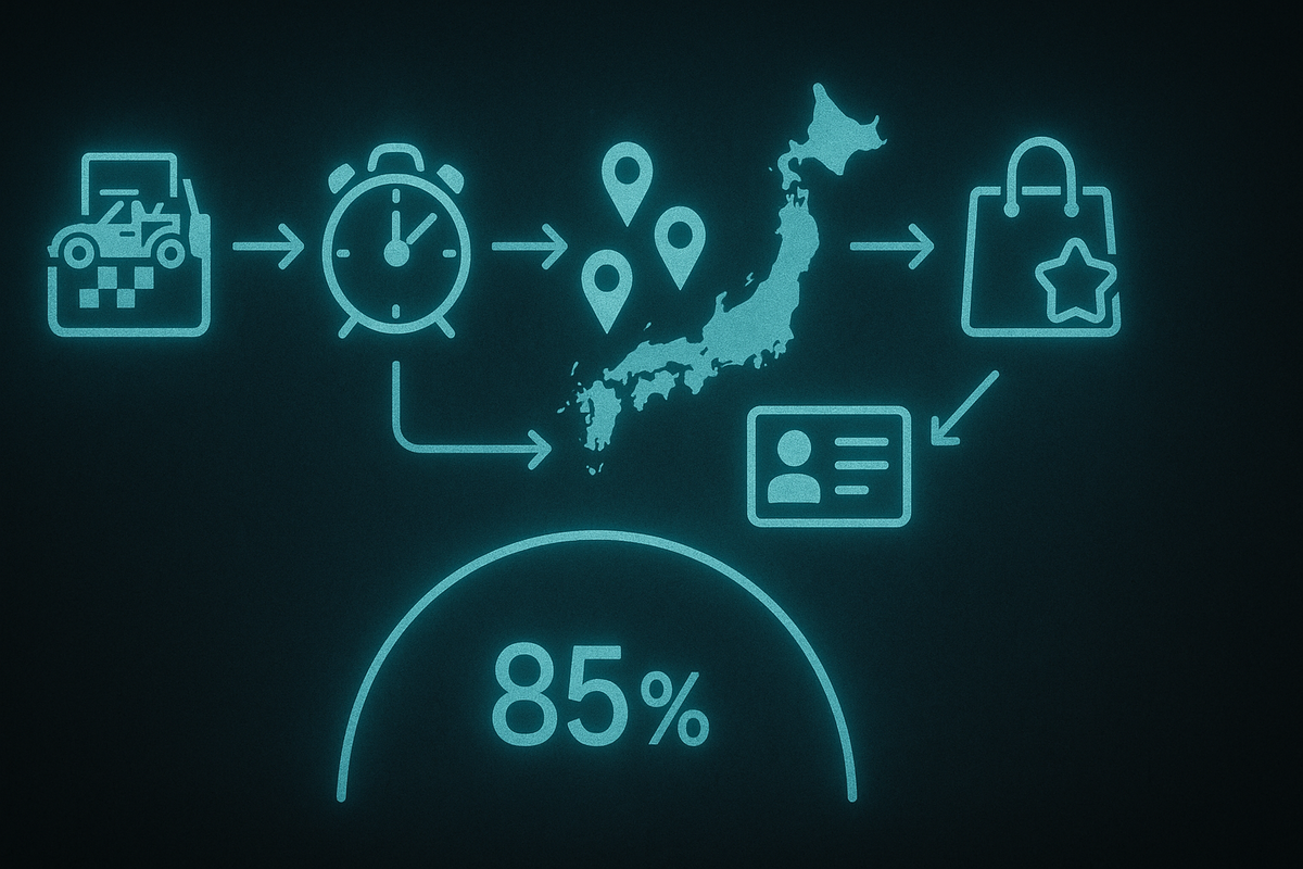 Glowing teal infographic on dark background—icons for racing-game bundle, early-bird alarm clock, multiple location pins across a Japan map, VIP shopping bag and ID card all feeding into a huge 85% arc—visualizing data-backed tricks to boost lottery odds