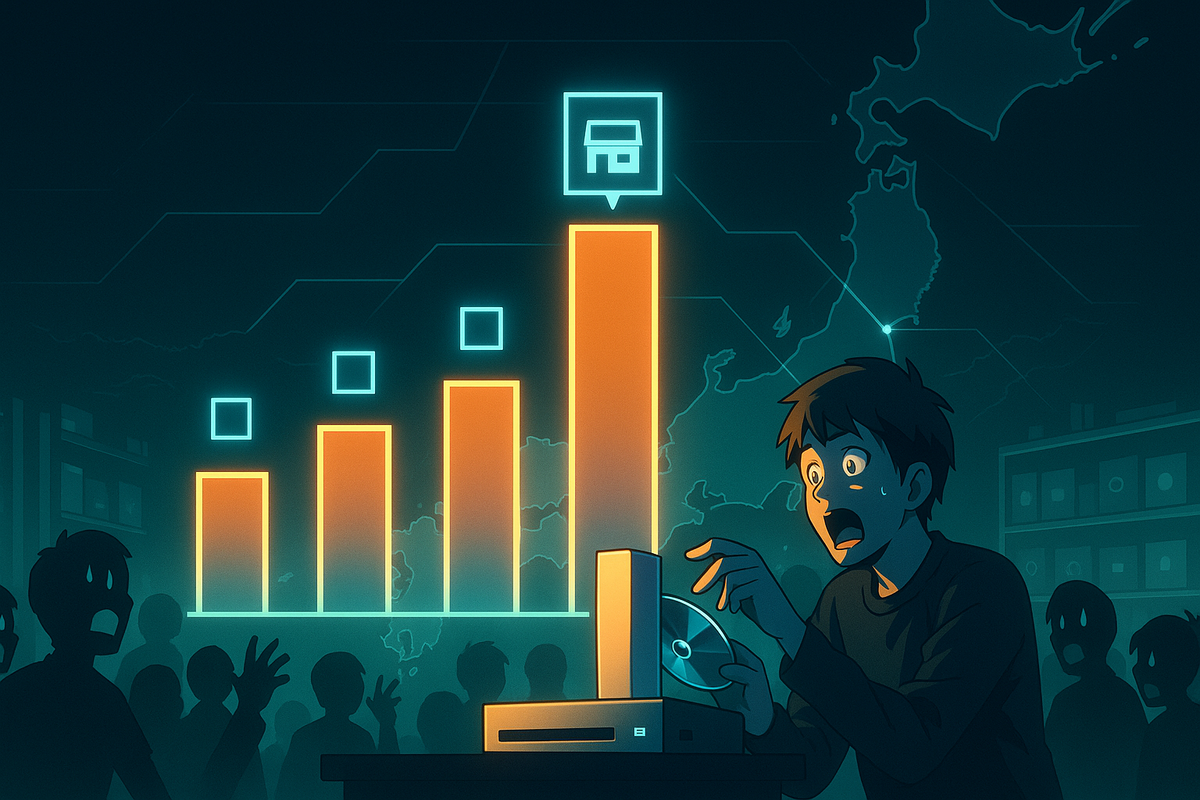 Shocked gamer holding a disc in front of a console while towering orange bar graph spikes upward—crowd silhouettes react in the background, Japan map grid behind, dramatic reveal of store-by-store lottery倍率 and hidden hotspots