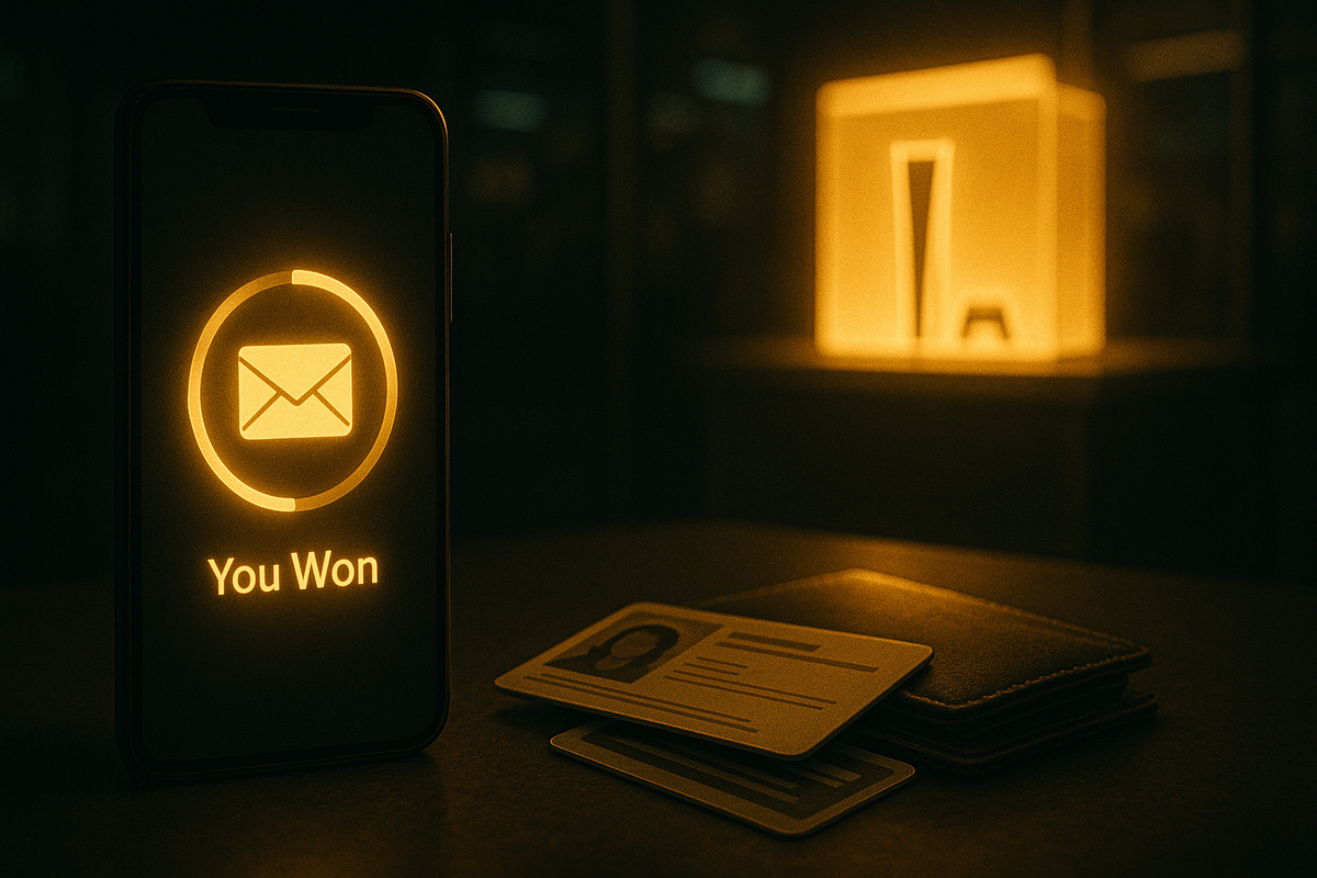 Close-up of smartphone screen with golden “You Won” mail icon and countdown ring, next to neatly stacked ID cards and wallet—blurred glowing console box in the background, intense 48-hour rush and heart-pounding victory mood