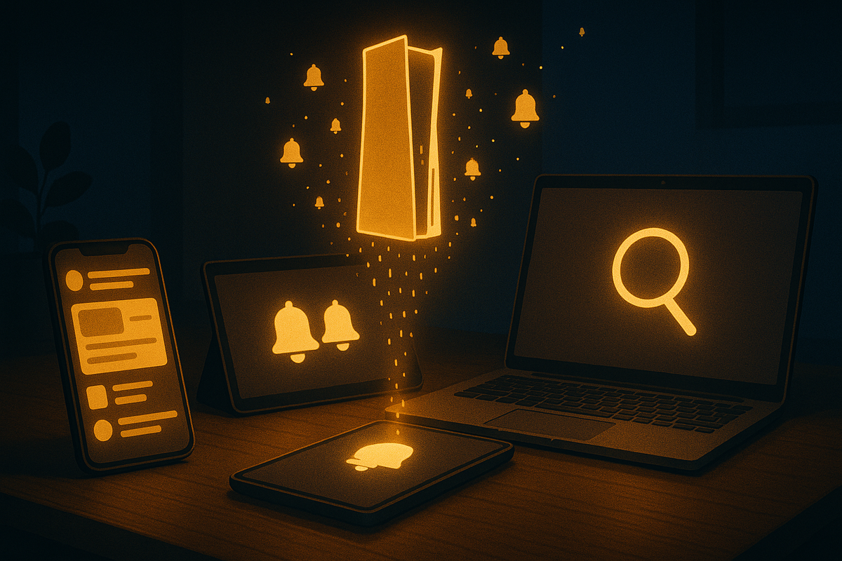 Warm desk at night with smartphone, tablet and laptop lit by golden icons, digital console silhouette floating among bell notifications—multi-device alert setup for catching secret weekday stock drops, hopeful focused mood