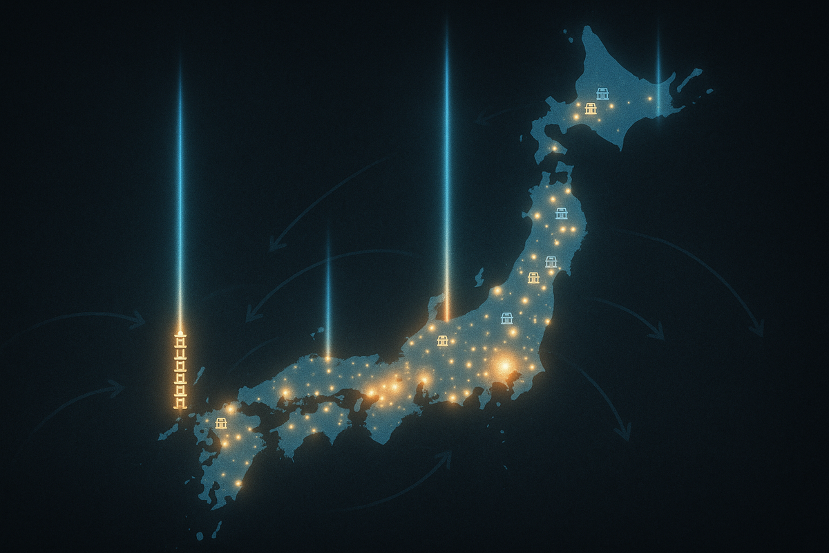 Glowing Japan map on dark background with bright beams and tiny store icons—nationwide weekday restock hotspots lighting up from north to south, data-driven overview of where to hunt next, epic strategic feeling
