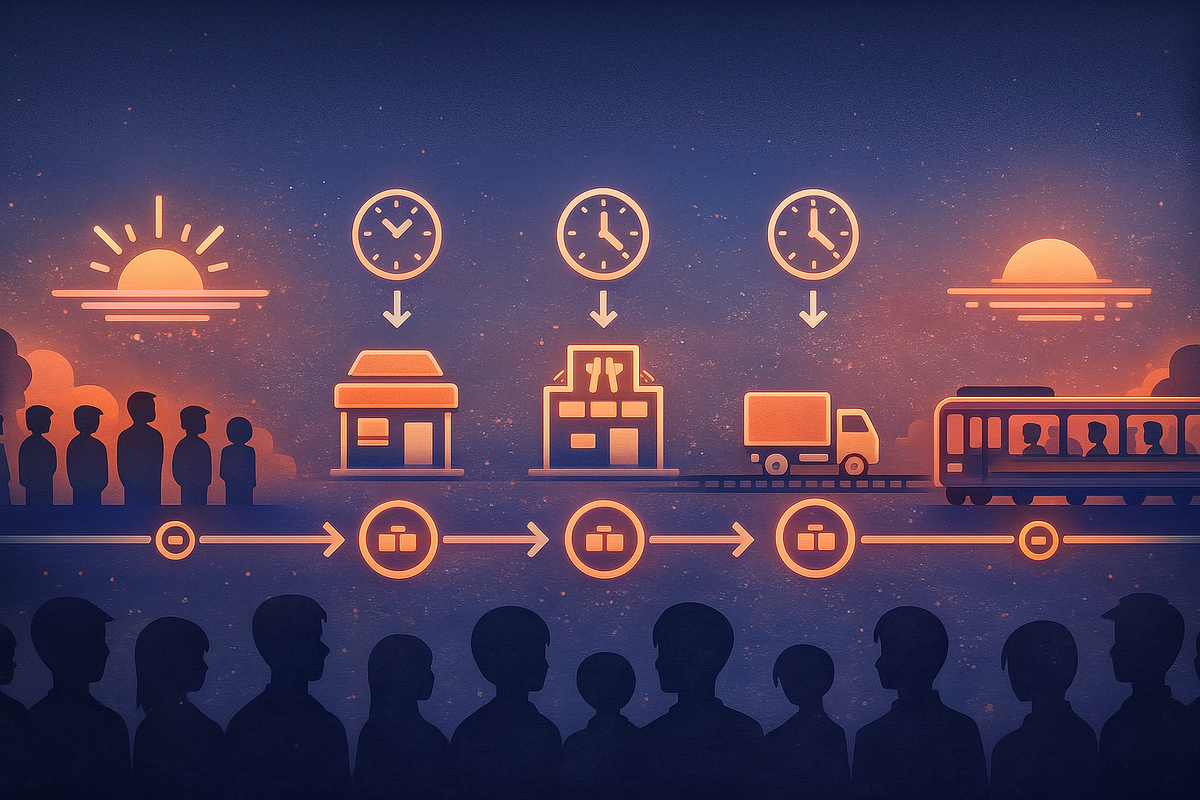 Sunrise-to-sunset timeline infographic—silhouettes lining up, opening stores, delivery truck and evening train, each under glowing clocks—one intense weekday showing the perfect time window to grab a coveted game console