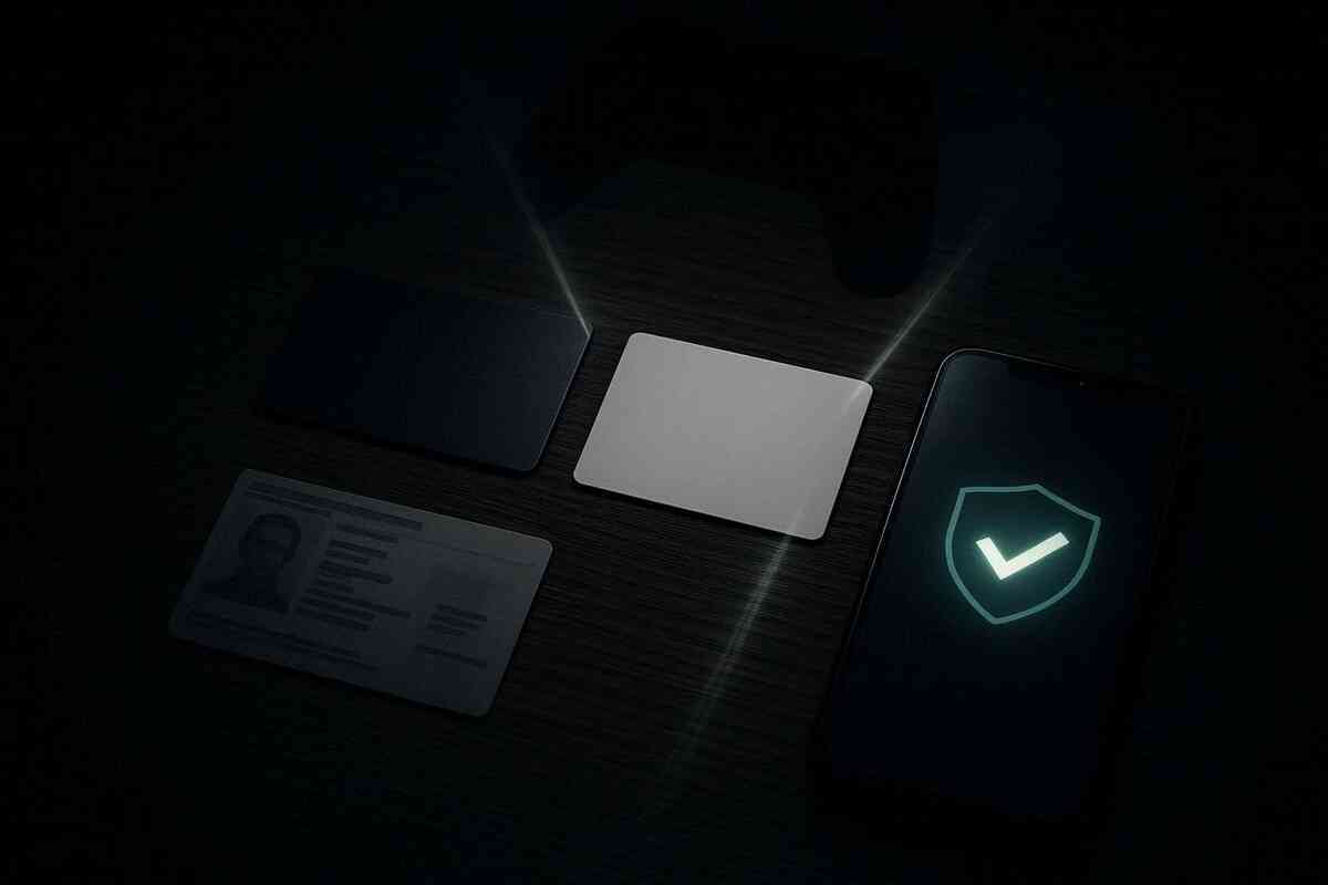 Moody flat-lay on wooden desk—ID card, dark membership cards and smartphone with bright security checkmark—discreet preparation kit for weekday in-store purchases, serious verification vibes and quiet determination