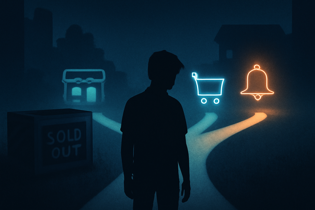 Silhouette of a worried shopper at a misty crossroads—behind them a sold-out crate, ahead three glowing paths to store, online cart and alert bell—emotional choice between giving up or activating smarter notification strategy