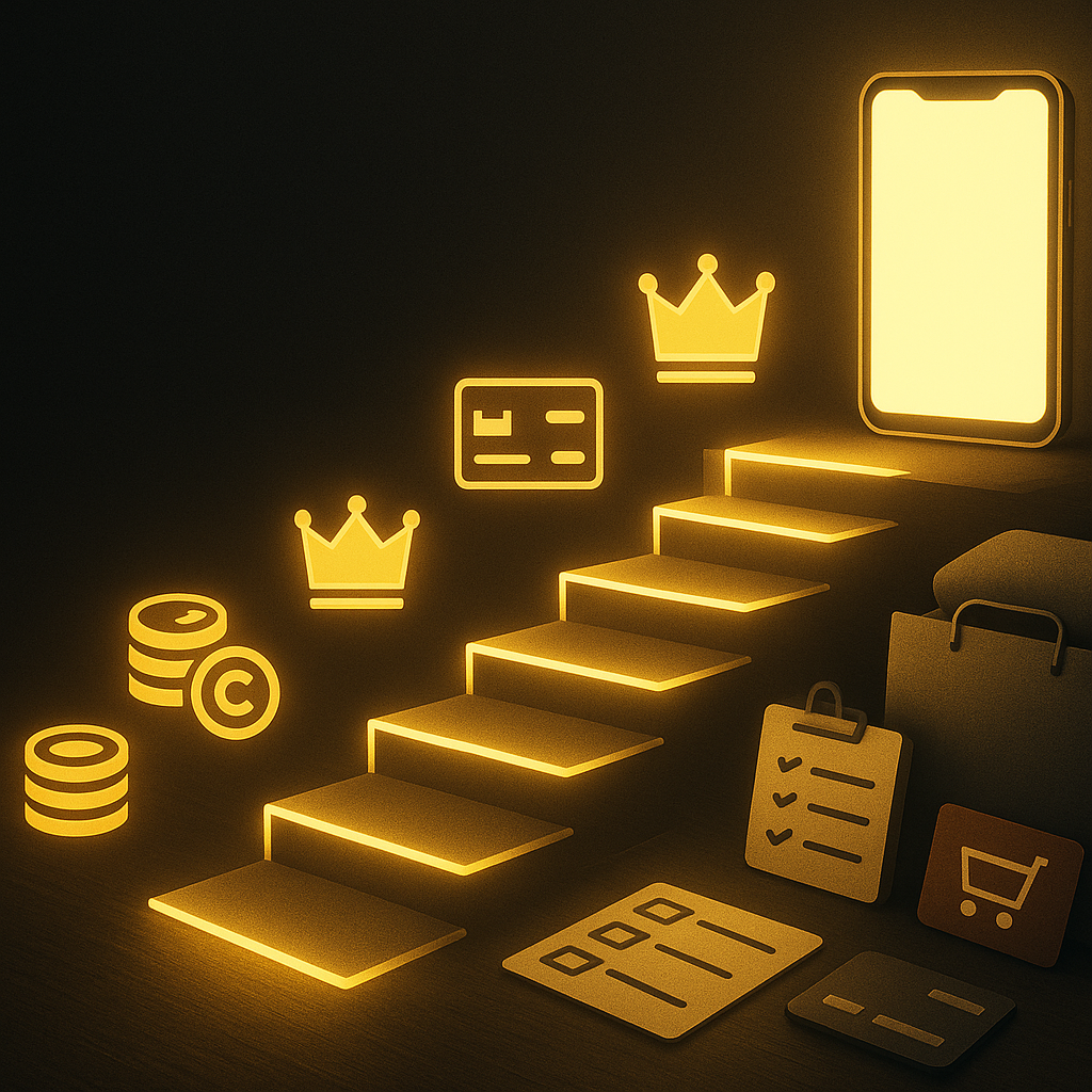 Golden neon staircase of deal icons—coins, credit card, crowns, checklist, shopping bag—rising toward a radiant smartphone throne, visual metaphor for climbing the 5 smart steps to a royal iPhone Black Friday discount