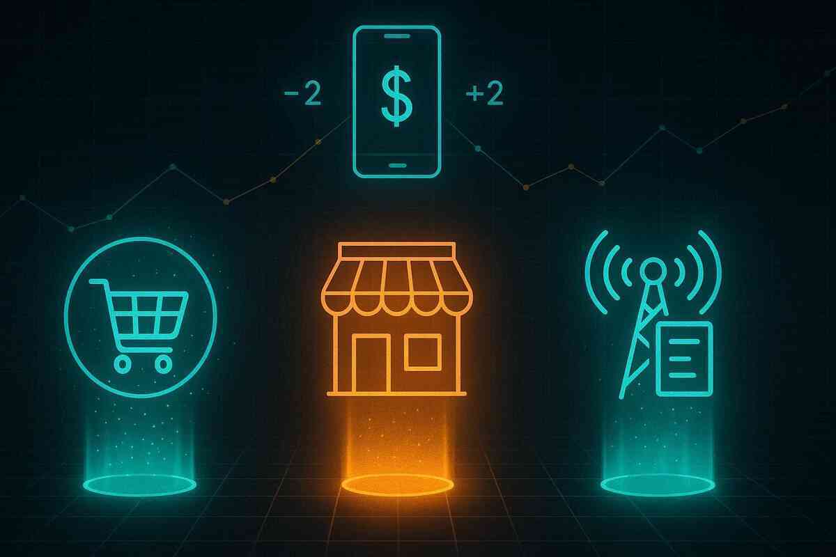 Futuristic comparison panel with three holograms—online cart, physical store, mobile carrier antenna—balanced under a glowing phone and +/- price line, cool data-driven mood showing where the iPhone deal is truly cheapest