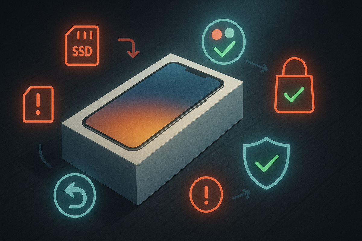 Fresh iPhone box on a dark desk surrounded by floating warning marks, SSD icons, return arrows, shield and shopping-bag checkmarks—emotional pre-purchase checklist vibe, protecting yourself from painful Black Friday mistakes