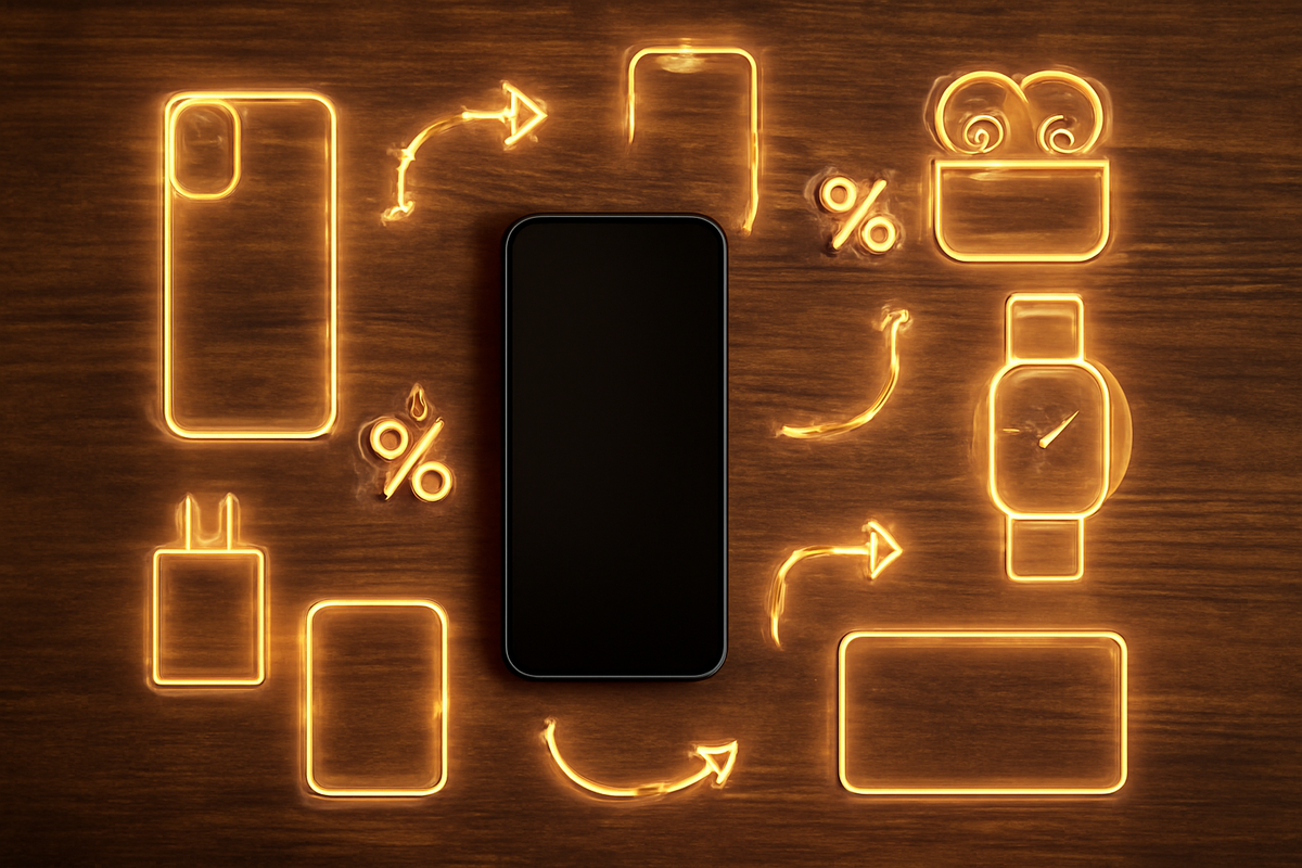 Warm wooden flat-lay with a central smartphone framed by fiery neon outlines of case, charger, power bank, earbuds, watch, and percent symbols—cozy yet electrifying scene of bundling iPhone accessories for maximum Black Friday savings joy