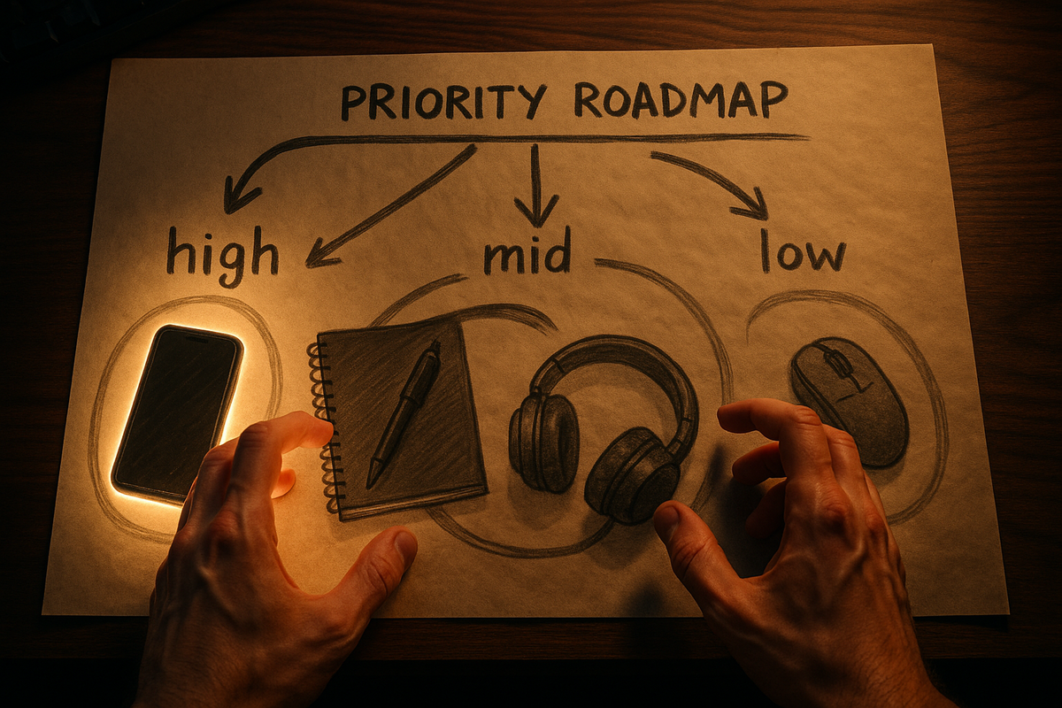 Top-down desk shot of a hand-drawn priority roadmap sheet—hands hovering anxiously over “high / mid / low” circles with gadgets sketched inside—emotional checklist for which Switch 2 accessories to buy first  