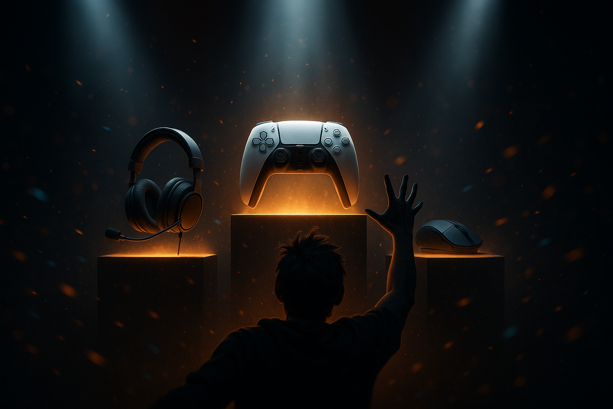 Cinematic podium scene with headset, controller, and mouse glowing under spotlights while a desperate gamer silhouette reaches out—dramatic ranking of the top three must-have Switch 2 gaming accessories  