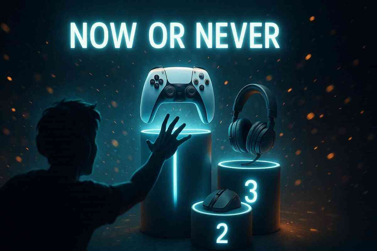 Neon “now or never” podium with controller, mouse, and headset lit in electric blue, gamer silhouette stretching forward—urgent FOMO moment to grab limited-stock Switch 2 accessories before they vanish  