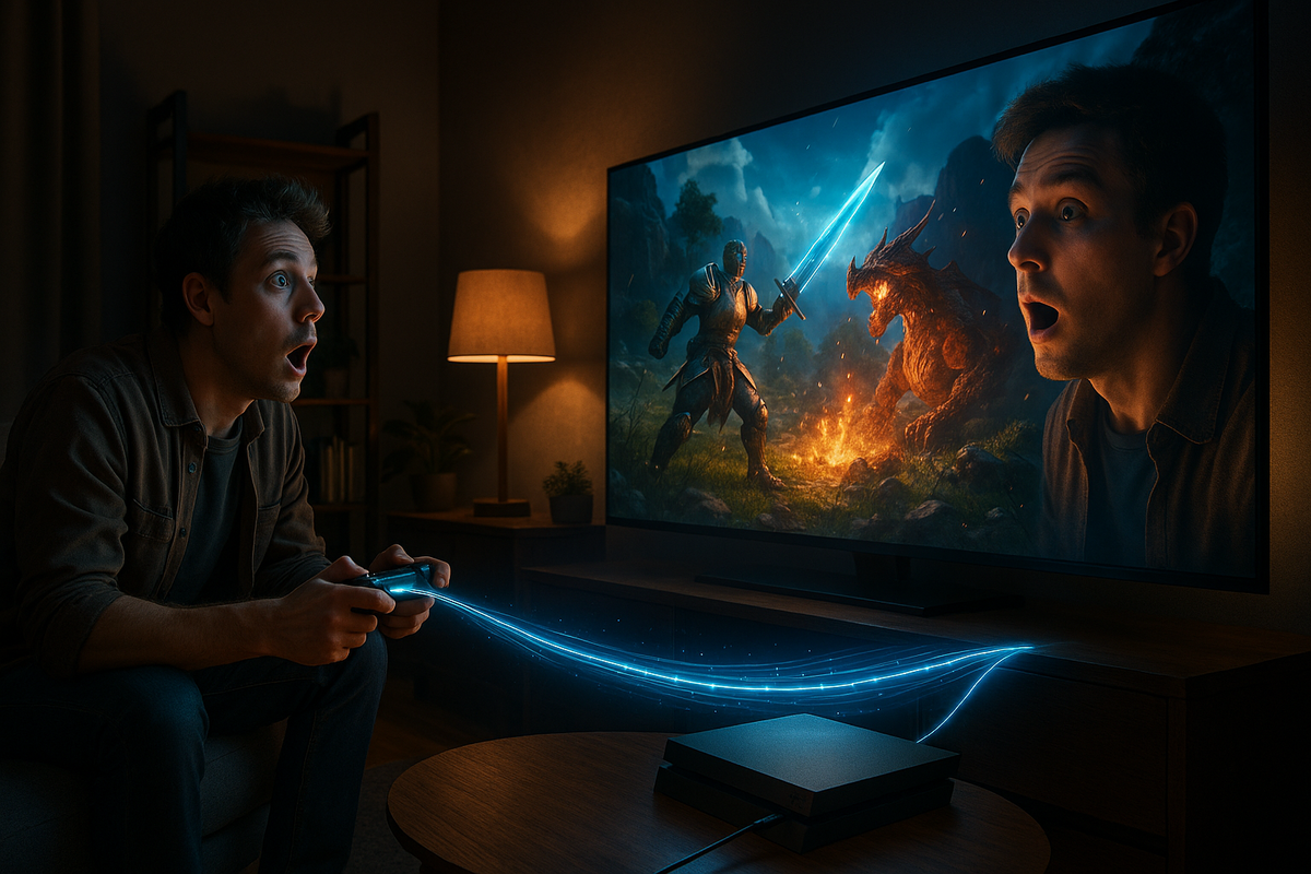 Amazed gamer on a sofa staring at an ultra-sharp fantasy battle on a big TV, bright energy stream flowing through the HDMI cable from console to screen—emotional proof of 4K 120Hz next-gen picture quality  
