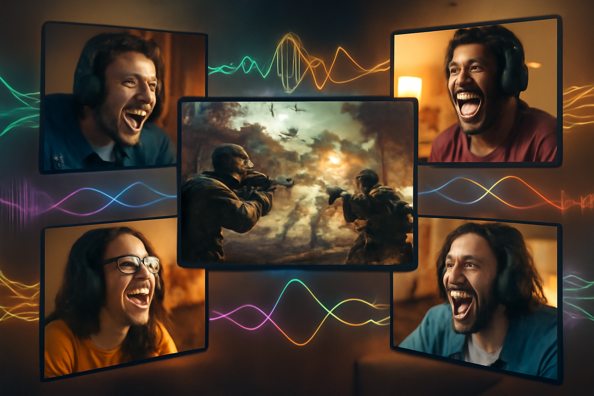 Four laughing friends in headset video windows surrounding an intense co-op war game screen, colorful sound waves weaving between them—warm, immersive Nintendo Switch 2 game-chat experience connecting players in real time  