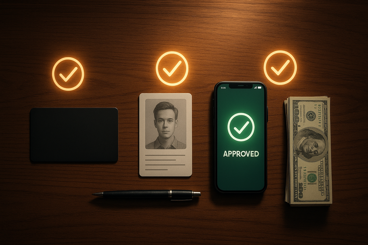 Flat-lay of black card, photo ID, smartphone with big APPROVED check, cash stack and pen—three essential conditions to buy a Switch 2 at Yodobashi, all requirements lined up, calm but intense readiness  