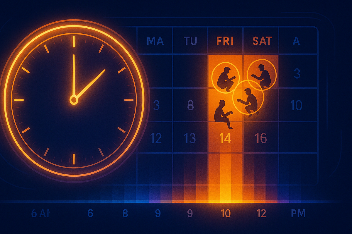 Neon clock over a dark calendar heatmap, Friday and Saturday glowing hottest with tiny waiting silhouettes—data-driven best time window to catch a Switch 2 guerrilla restock, precise but emotional timing guide  