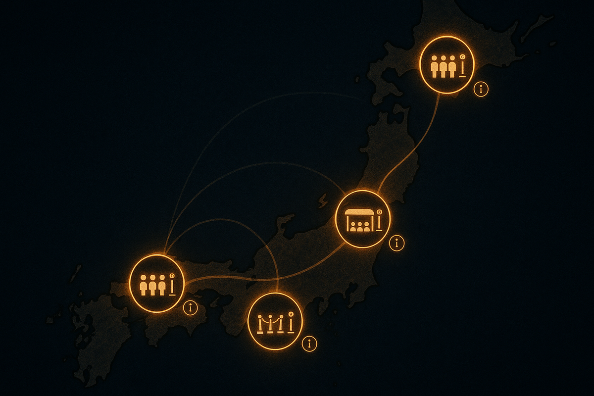 Stylized night map of Japan with four bright hubs connected by arcs, icons for crowds and big electronics stores—regional Yodobashi Switch 2 strategies, which city to target next, nationwide hunting roadmap  
