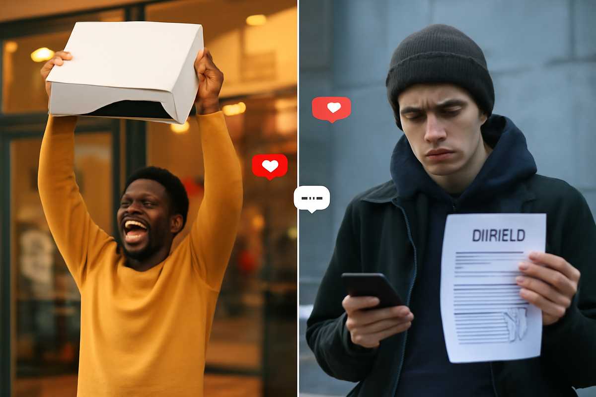 Split-screen story: on the left a man cheering and lifting a plain console box in joy, on the right a disappointed buyer staring at his phone and rejected paper—real Switch 2 winners and losers, dramatic gap created by tiny rule mistakes  
