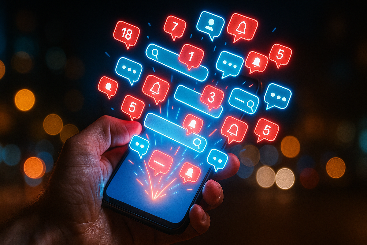Hand gripping a smartphone at night as dozens of neon red and blue notification bubbles explode upward—X alerts, search tabs, and push messages going crazy during a Switch 2 restock, chaotic but thrilling real-time info storm  