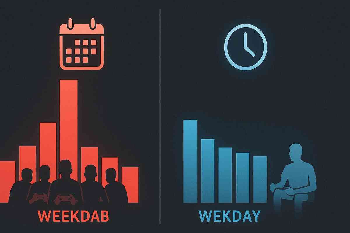 Red vs blue bar chart with gamer silhouettes—weekend side jam-packed and spiking, weekday side calm and lower—visual proof that Switch 2 competition explodes on weekends but quietly fades at lunchtime on normal days  