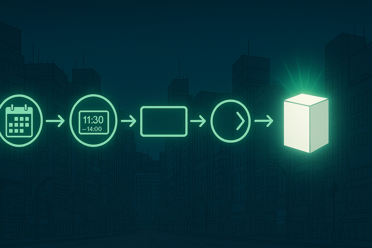 Neon-green flowchart over a city outline—calendar → 11:30–14:00 clock → card icon → arrow → glowing console box—simple five-step roadmap to secure a weekday Switch 2 with zero stress  