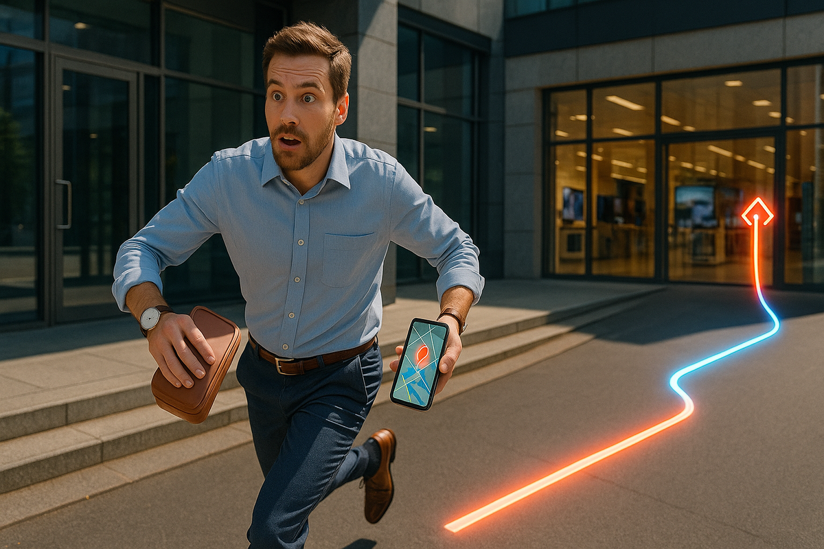 Office worker sprinting out of a glass building at noon, clutching wallet and phone with map, neon route line guiding him toward a store—high-tension “one-hour lunch break” Switch 2 dash full of urgency and hope  
