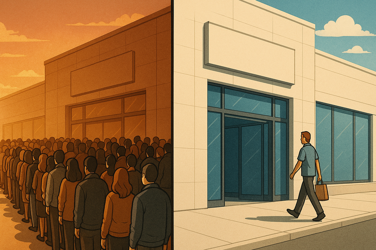 Split-screen store illustration—left side burning orange sunrise with a massive weekend crowd queuing, right side cool blue midday with a single relaxed shopper walking straight in—dramatic contrast between painful lines and effortless weekday Switch 2 buying  