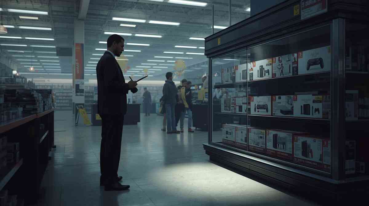 Calm shopper in a suit standing in a quiet game aisle, spotlight on a glass case packed with next-gen console boxes—serene weekday Switch 2 hunting scene where stock is real and the pressure is gone  