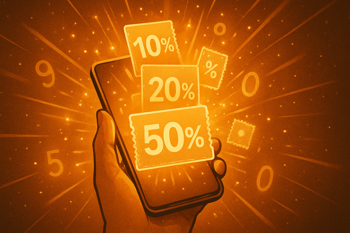 Hand holding a glowing smartphone as digital discount tickets labeled 10%, 20%, and 50% burst out like fireworks—Edion Black Friday app coupons exploding with savings, warm golden atmosphere and thrilling bargain energy  
