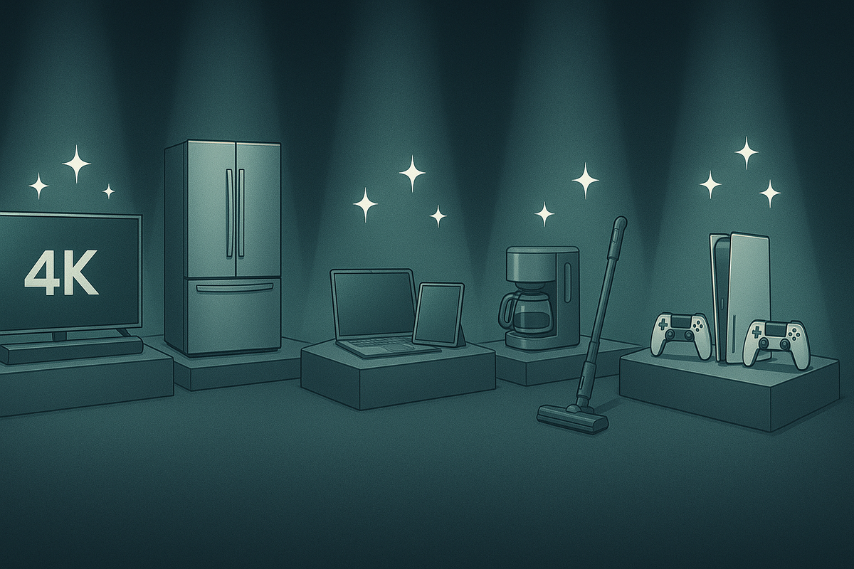 Split-scene of a woman happily shopping online from her sofa with “free shipping” and “online points” icons, contrasted with a store aisle and shopping carts, balanced by glowing ONLINE vs STORE scales—calm comparison of where Edion Black Friday gives the best value  