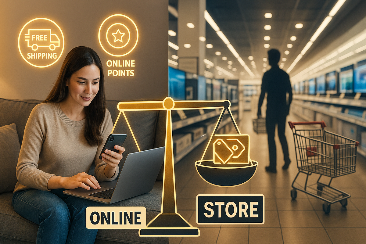 Split-scene of a woman happily shopping online from her sofa with “free shipping” and “online points” icons, contrasted with a store aisle and shopping carts, balanced by glowing ONLINE vs STORE scales—calm comparison of where Edion Black Friday gives the best value  
